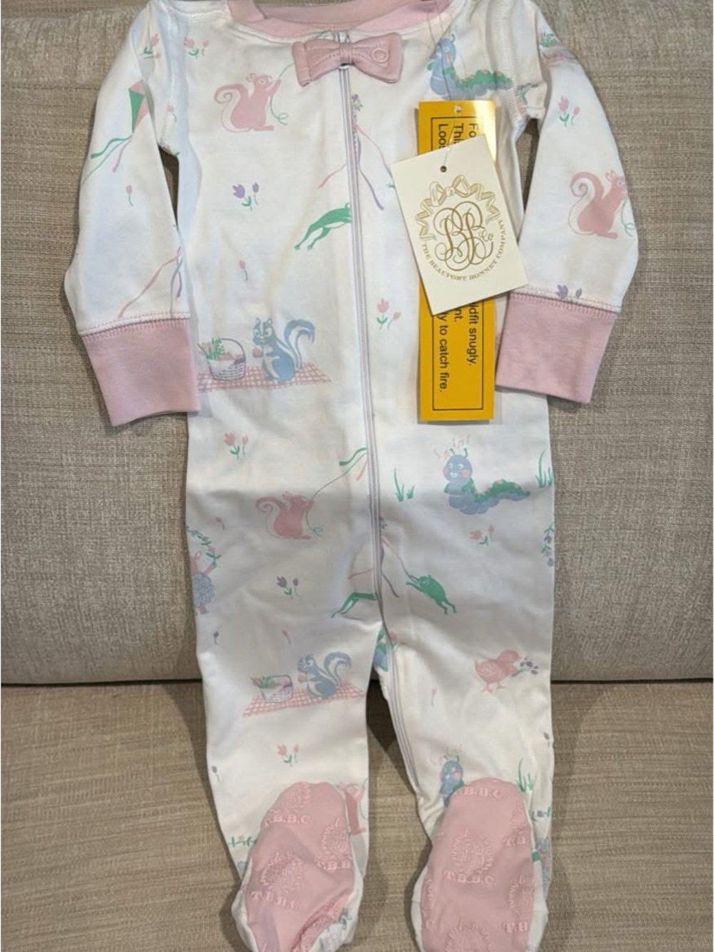 Girls White & Pink Animal Print Zipper Footed One-Piece